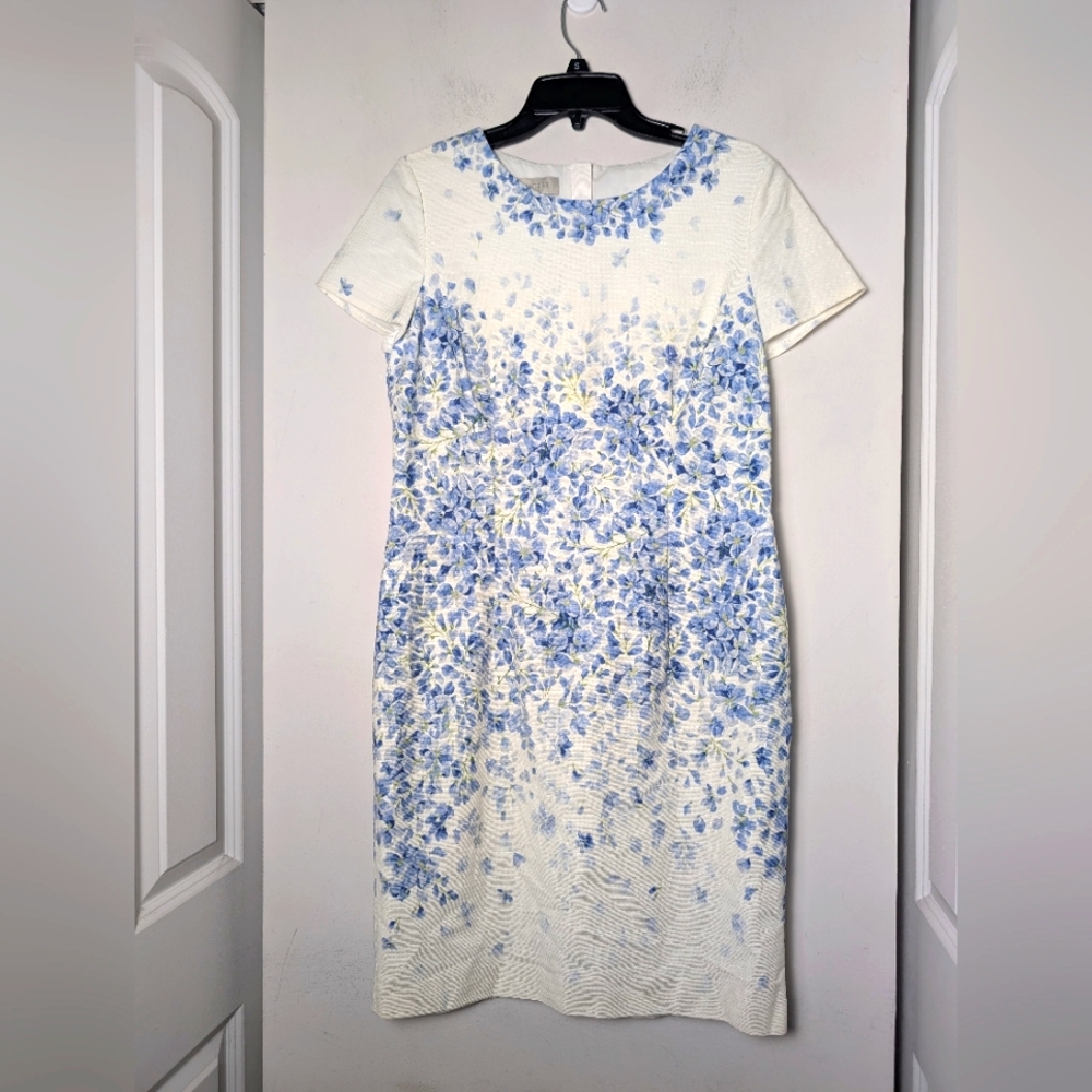 Hobbs Dress Floral Blue White Shirt Sleeve Sz 10